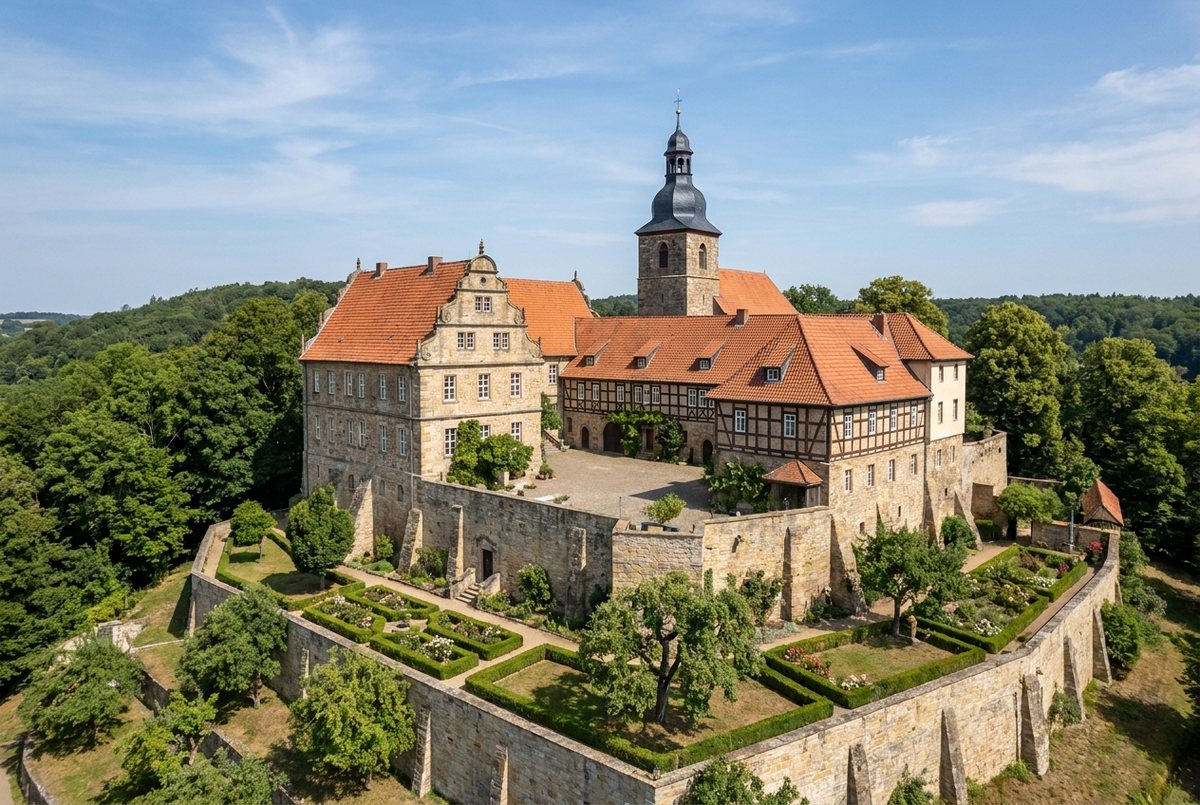 Schloss und Gartenanlage in Blankenburg von oben