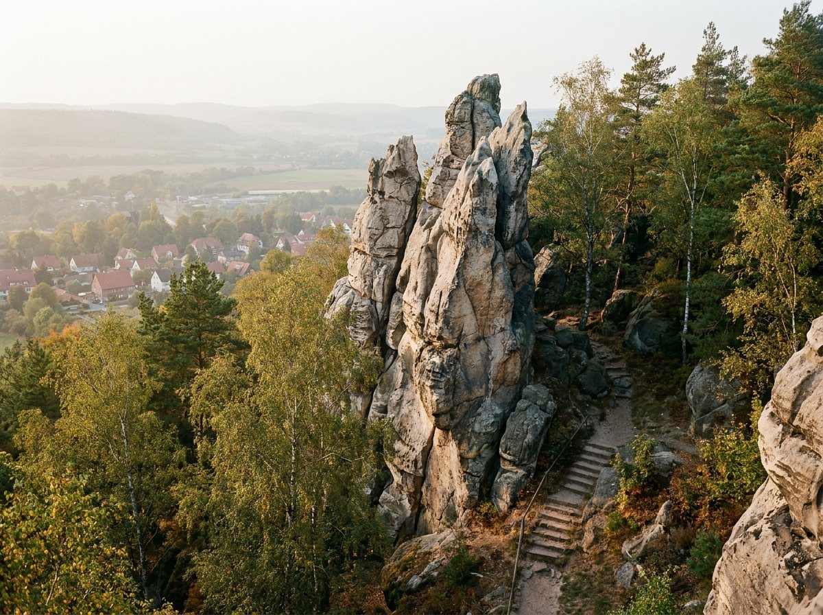 Der Großvaterfelsen über den Dächern von Blankenburg