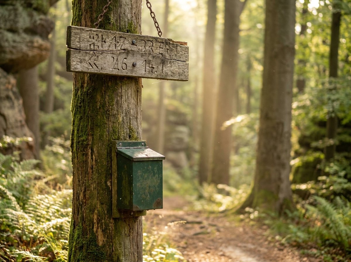 Stempelkasten der Harzer Wandernadel am Weg zum Felsen