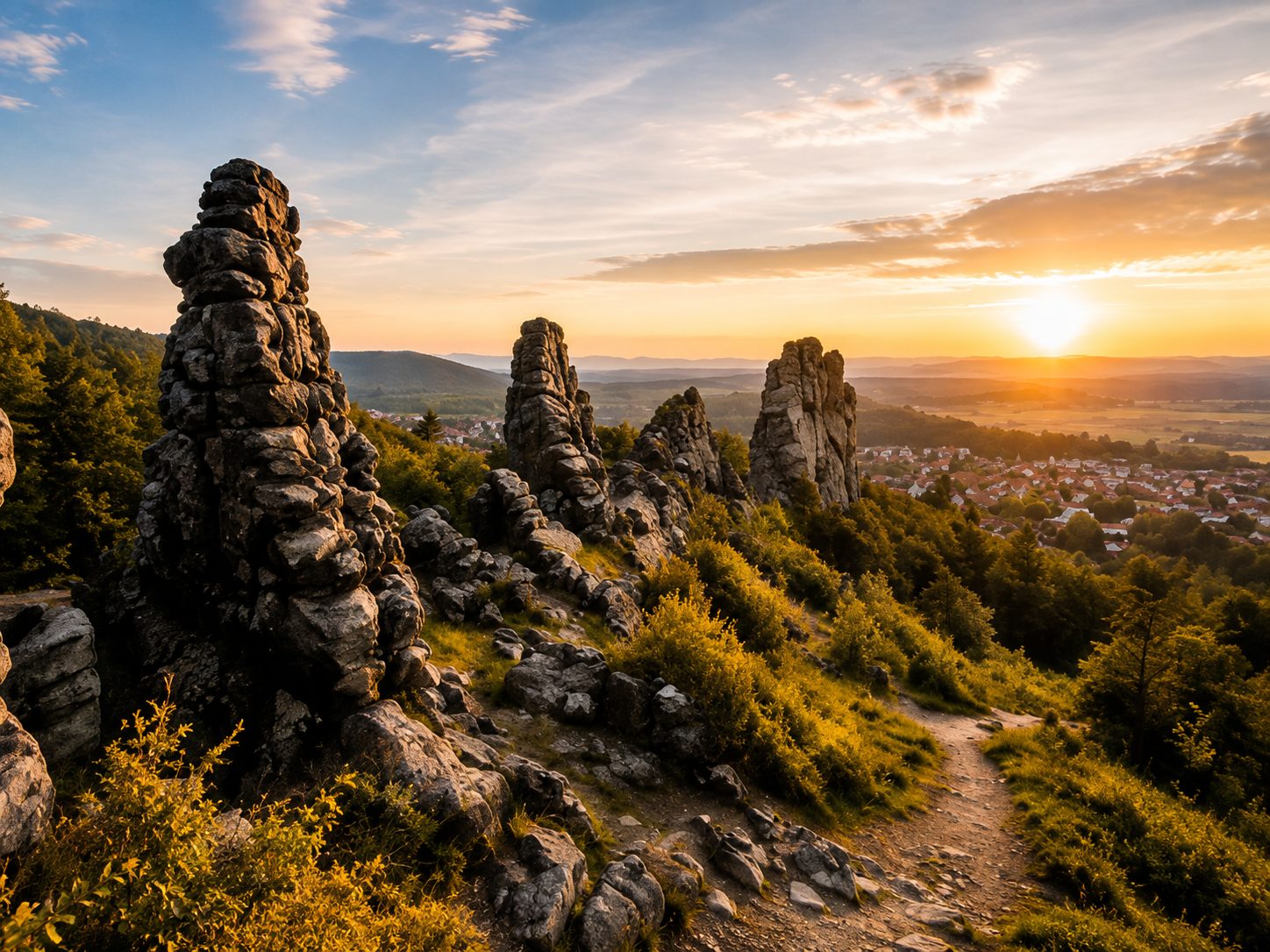 Felsen der Teufelsmauer im Abendlicht