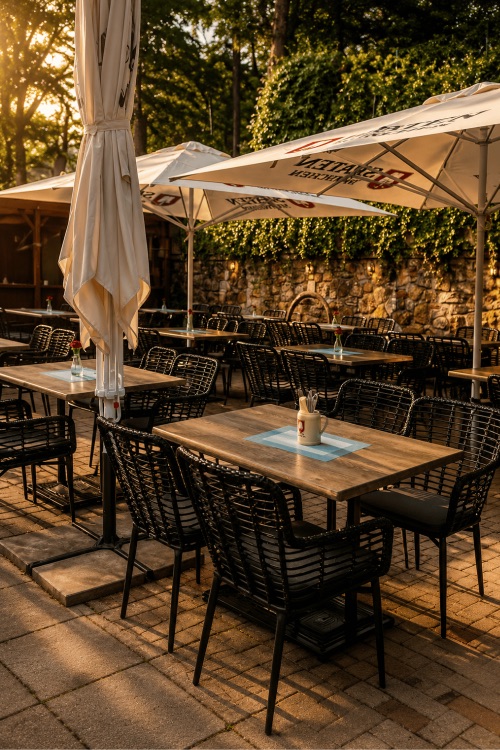 Überdachte Terrasse mit gedeckten Tischen