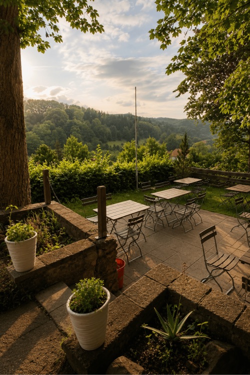 Terrasse im Abendlicht mit Blick ins Harzvorland