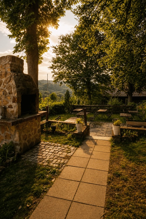 Steinkamin und Terrasse mit Aussicht